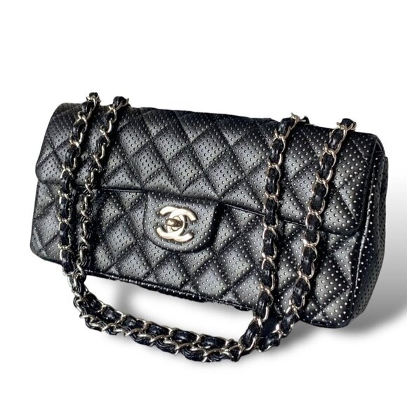Chanel East West Classic Shoulder Flap Bag Black Quilted Perforated Leather - Picture 1 of 16